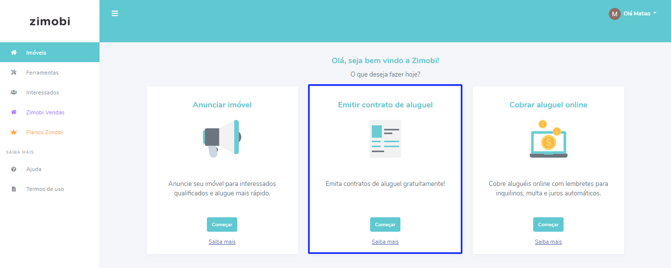 ao entrar, clique em começar na área de emitir contrato