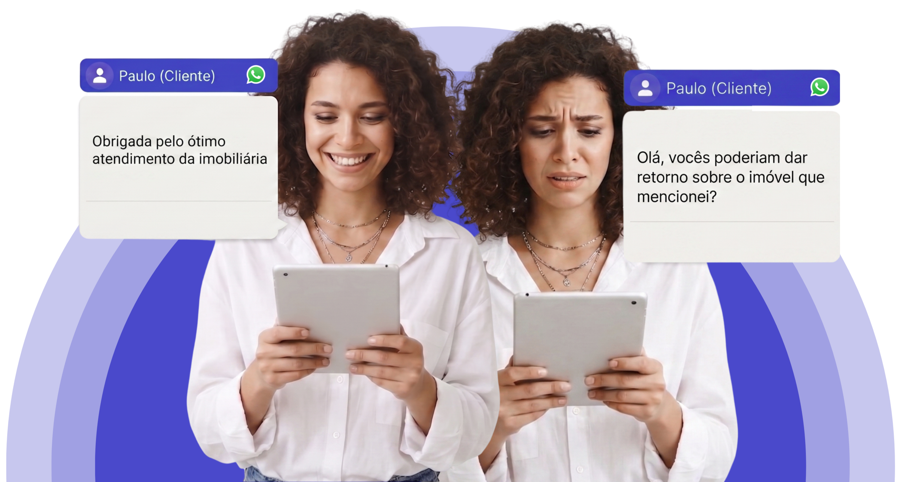 Duas corretoras usando tablets, uma recebendo mensagem positiva e outra recebendo cobrança de retorno via WhatsApp