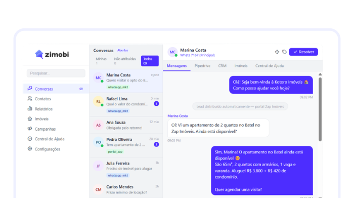 Plataforma de atendimento com IA para imobiliárias da Zimobi